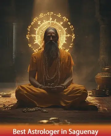 A bearded man in orange robes sits cross-legged in a dimly lit room, surrounded by glowing patterns. An ornate pot is to his side. Text reads: 