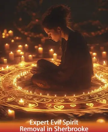 In the gentle glow of countless candles, a woman sits serenely within a circle of warmth and light. Her peaceful presence radiates calm and assurance, creating a sanctuary of tranquility. This sacred space invites the soul to find solace and clarity. Expert evil spirit removal in Sherbrooke.