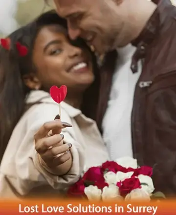 In this tender image, a loving couple shares a moment of pure joy and connection. Her radiant smile and the gentle offering of a heart symbolize the warmth and comfort found in true companionship. Their embrace speaks of trust and endless possibilities. Lost love solutions in Surrey.