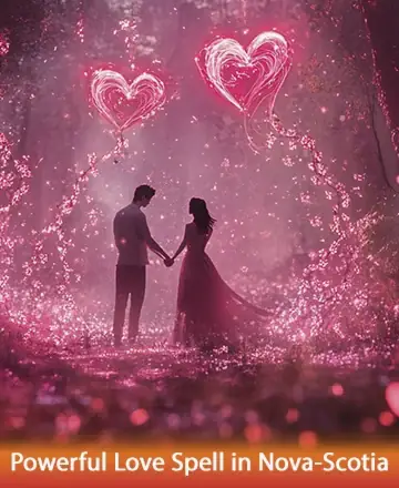 In a serene, enchanted forest bathed in soft pink light, two souls connect deeply, surrounded by radiant heart-shaped auras. Their silhouettes speak of unity and affection, fostering a sense of profound peace and warmth. Love spell in Nova Scotia.