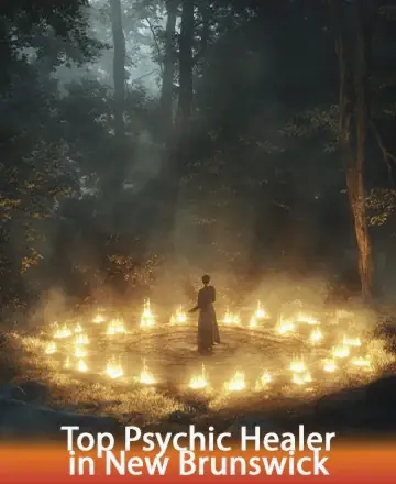 In a serene forest clearing, gentle flames encircle a figure, radiating warmth and tranquility. The scene whispers of ancient wisdom and deep connection to the universe. It's a moment of inner peace and spiritual awakening. Psychic healing in New Brunswick.