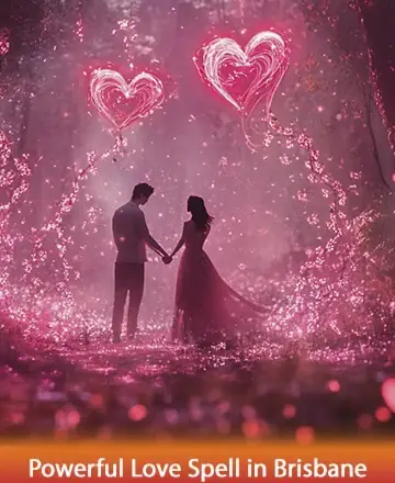 In a magical forest bathed in soft pink hues, two souls hold hands beneath glowing heart-shaped lights. The atmosphere is filled with warmth and connection, inviting a sense of deep love and serenity. Powerful love spell in Brisbane.