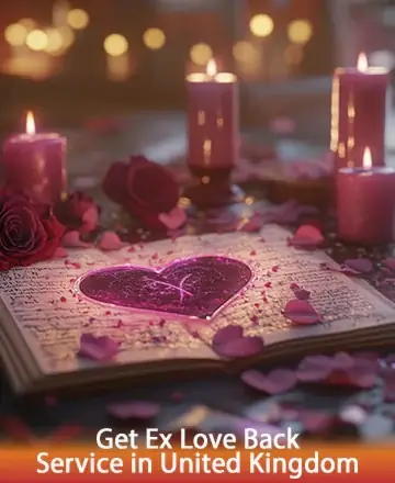 In a serene setting filled with the soft glow of candles, a shimmering heart rests gently on an open book, symbolizing renewal and hope. Surrounded by delicate rose petals, this scene invites you to embrace warmth and healing. Reconnect with love in the United Kingdom.