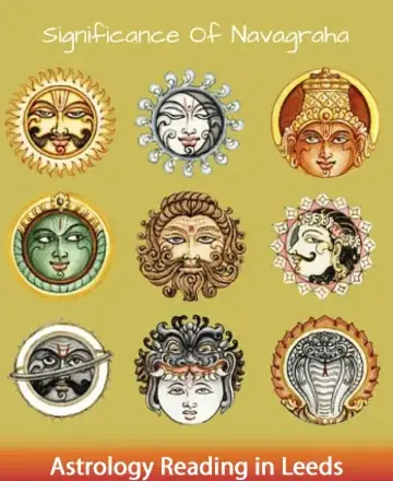 This beautiful illustration of the Navagrahas captures the celestial harmony and profound wisdom of the nine planetary deities. Each vibrant image invites us to explore the cosmic energies guiding our lives, offering peace and clarity. Astrology reading in Leeds.