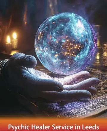 In the gentle glow of candlelight, an ethereal crystal ball rests delicately in a wise, nurturing hand, radiating a serene dance of cosmic colors. This scene invites a tranquil journey into the heart's deepest wisdom. Psychic healer service in Leeds.