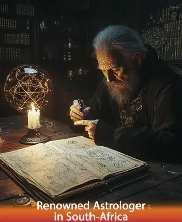 In a serene, softly lit room, an elder with a gentle presence delves deep into ancient wisdom, illuminated by the warm glow of candlelight. His focus on the celestial globe and weathered pages evokes trust and tranquility. Astrological insights in South Africa.