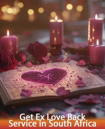 In a serene setting illuminated by the gentle glow of candles, a heart glimmers with hope upon an open book, surrounded by delicate rose petals. This scene whispers of rekindled connections and gentle healing, offering comfort and renewal. Get ex love back service in South Africa.
