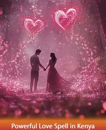 In a serene forest bathed in a gentle pink glow, two souls stand hand in hand, surrounded by swirling hearts and shimmering light. The scene whispers of deep connections and tender moments, enveloping you in warmth and tranquility. Powerful love spell in Kenya.