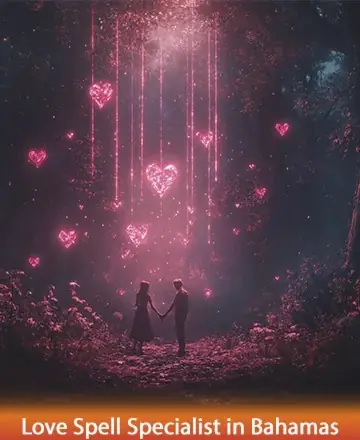 In a serene, enchanted forest, two souls stand hand in hand, surrounded by the gentle glow of heart-shaped lights cascading from above. This magical scene radiates a sense of unity, peace, and timeless love, inviting warmth and connection. Love spell specialist in Bahamas.