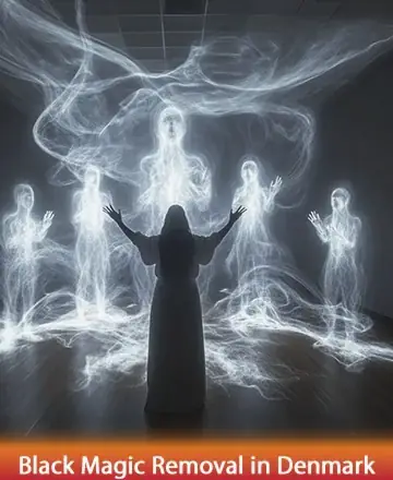 In the serene glow of ethereal light, a gentle figure stands surrounded by whispering spirits, their forms swirling in harmonious embrace. This scene invites a sense of calm and connection, offering solace and wisdom. Black magic removal in Denmark.