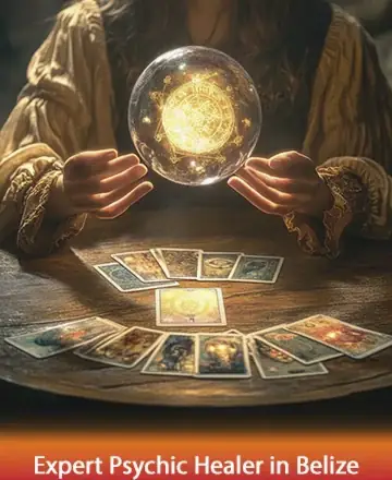 In a serene and softly lit room, gentle hands cradle a glowing orb of wisdom, casting a warm light over an array of beautifully illustrated tarot cards. This scene radiates tranquility and a deep sense of support, inviting you to explore your inner journey. Psychic readings in Belize.