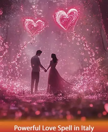 In a serene forest bathed in soft pink hues, a couple stands hand in hand, enveloped by the gentle glow of heart-shaped lights. The scene radiates warmth and connection, inviting a sense of peace and deep emotional bond. Powerful love spell in Italy.