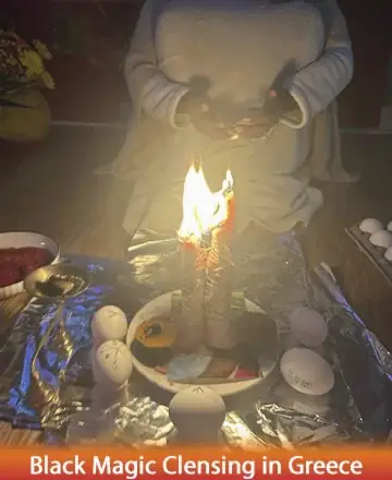 In a serene setting, gentle candle flames flicker with warmth, casting a soothing glow. Surrounded by carefully placed elements, the scene invites reflection and tranquility. This moment embodies a peaceful ritual that nurtures the soul, offering comfort and serenity. Black magic cleansing in Greece.