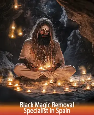In a serene cave illuminated by the gentle glow of candlelight, a wise spiritual guide finds peace in meditation. The atmosphere exudes warmth and tranquility, inviting the heart to heal and the spirit to find solace. Black magic removal specialist in Spain.