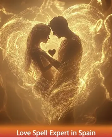 In a radiant embrace of golden light, two souls connect in a tender moment of unity, surrounded by an aura of love and warmth. Their hearts beat as one, enveloped by a gentle, glowing energy that speaks of profound serenity. Love spell expert in Spain.