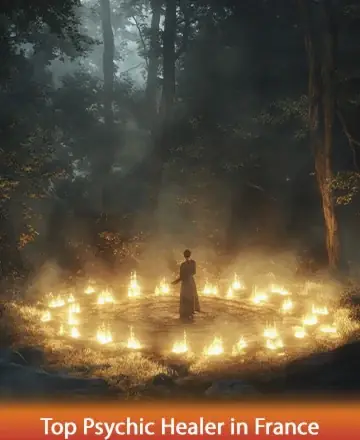 In a serene forest clearing, a gentle figure stands encircled by a warm glow of candlelight, radiating tranquility and deep wisdom. The soft rustle of leaves whispers secrets of the universe, inviting peace and connection. Spiritual guidance in Paris.