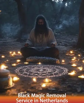 In the serene embrace of a forest, a wise figure sits peacefully amidst a circle of gentle candlelight, radiating calm and assurance. The intricate patterns on the earth reflect ancient wisdom, inviting tranquility and renewal. Black magic removal service in Netherlands.