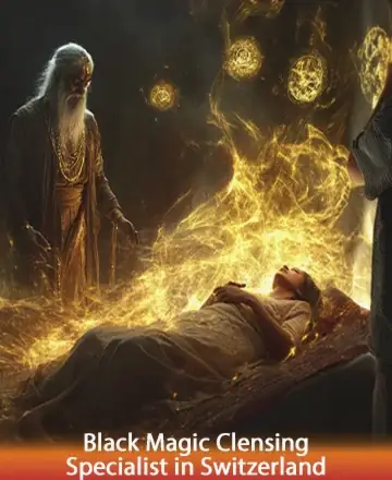 In a serene, golden glow, a wise elder stands watchfully over a resting soul, enveloped in waves of warm, healing energy. The scene radiates a gentle comfort, inviting tranquility and deep peace. Black magic cleansing specialist in Switzerland.