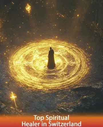 In a serene and mystical landscape, a solitary figure stands embraced by a radiant circle of golden light, symbolizing harmony and spiritual awakening. This tranquil setting invites you to explore deeper connections with yourself and the universe. Spiritual healing in Switzerland.