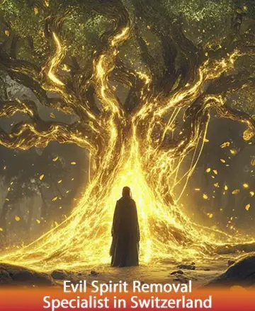 In the heart of a serene forest, a figure stands embraced by the golden glow of an ancient, majestic tree. The warm light weaves through the branches, offering a sense of peace, wisdom, and gentle support. Evil spirit removal specialist in Switzerland.