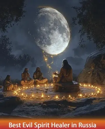 In a serene, moonlit setting, figures gather in quiet reflection, surrounded by a gentle circle of candlelight. The full moon casts a warm glow, inviting peace and deep connection. This sacred moment embodies healing and unity. Evil spirit healer in Russia.