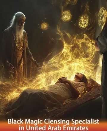 In a serene, softly lit space, a wise elder stands with a gentle presence, radiating warmth and wisdom. Golden light swirls around, enveloping a resting soul in healing energy. This moment captures the essence of peace and transformation. Black magic cleansing in United Arab Emirates.