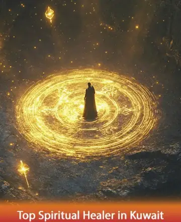 In a serene dance of radiant energy, a figure stands enveloped in a circle of warm golden light, symbolizing protection and wisdom. This ethereal scene evokes a sense of peace and spiritual awakening, guiding us towards inner harmony. Spiritual healing in Kuwait.