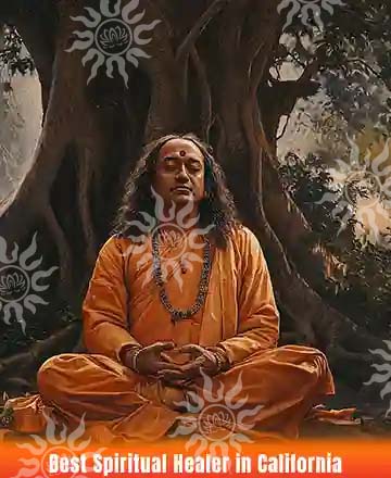Spiritual healer in traditional attire meditating under a sacred tree – Best Spiritual Healer in California.