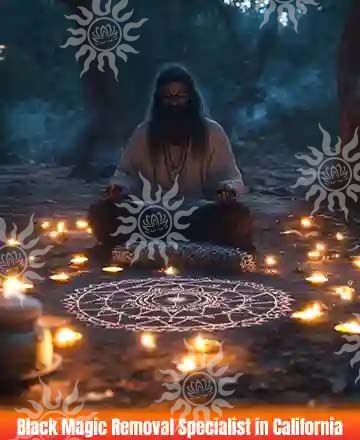 Spiritual healer performing black magic removal ritual with candles and sacred symbols outdoors – Black Magic Removal Specialist in California.
