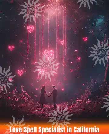 Romantic couple holding hands under glowing heart-shaped lights in a magical forest – Love Spell Specialist in California.